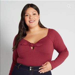 NWT Size Small ModCloth Burgundy Tie Front Long Sleeve Bodysuit